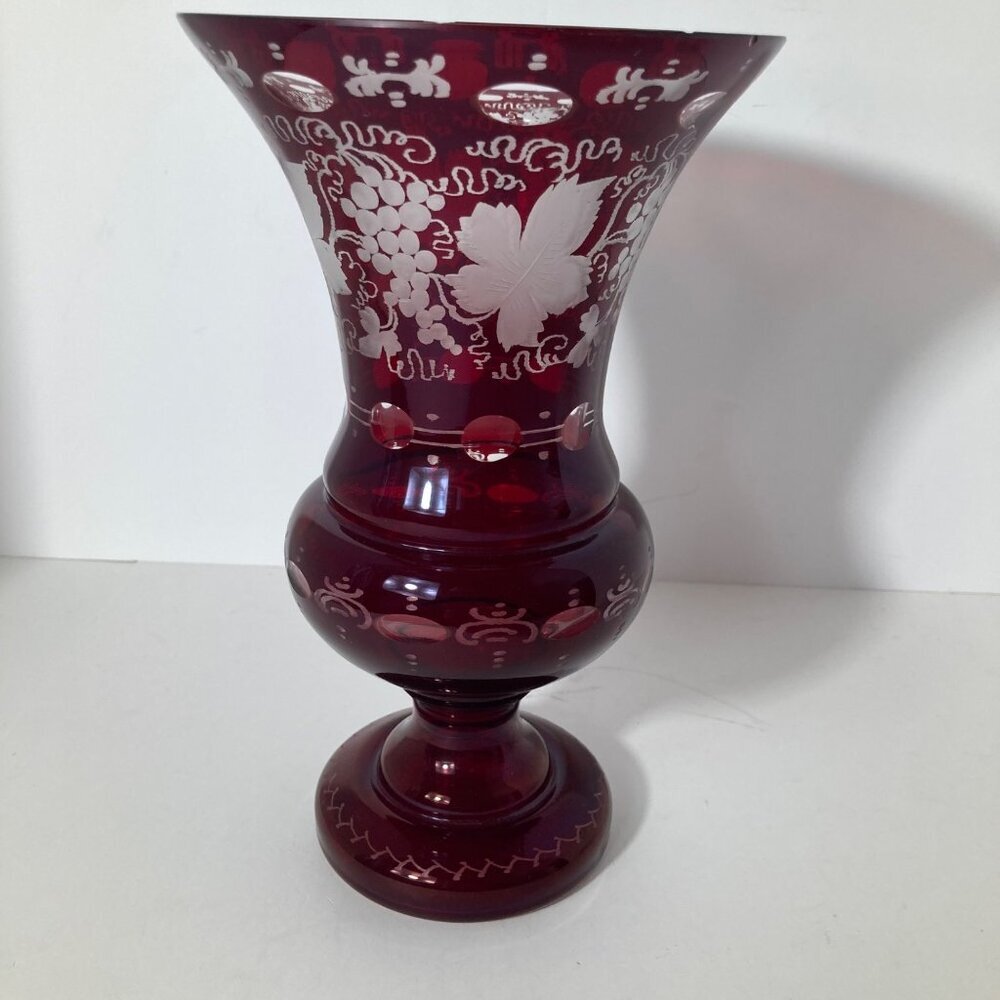 Cranberry Glass Vase Cut to Clear Grapes Leaves #1 Chips 5.5 x 9"